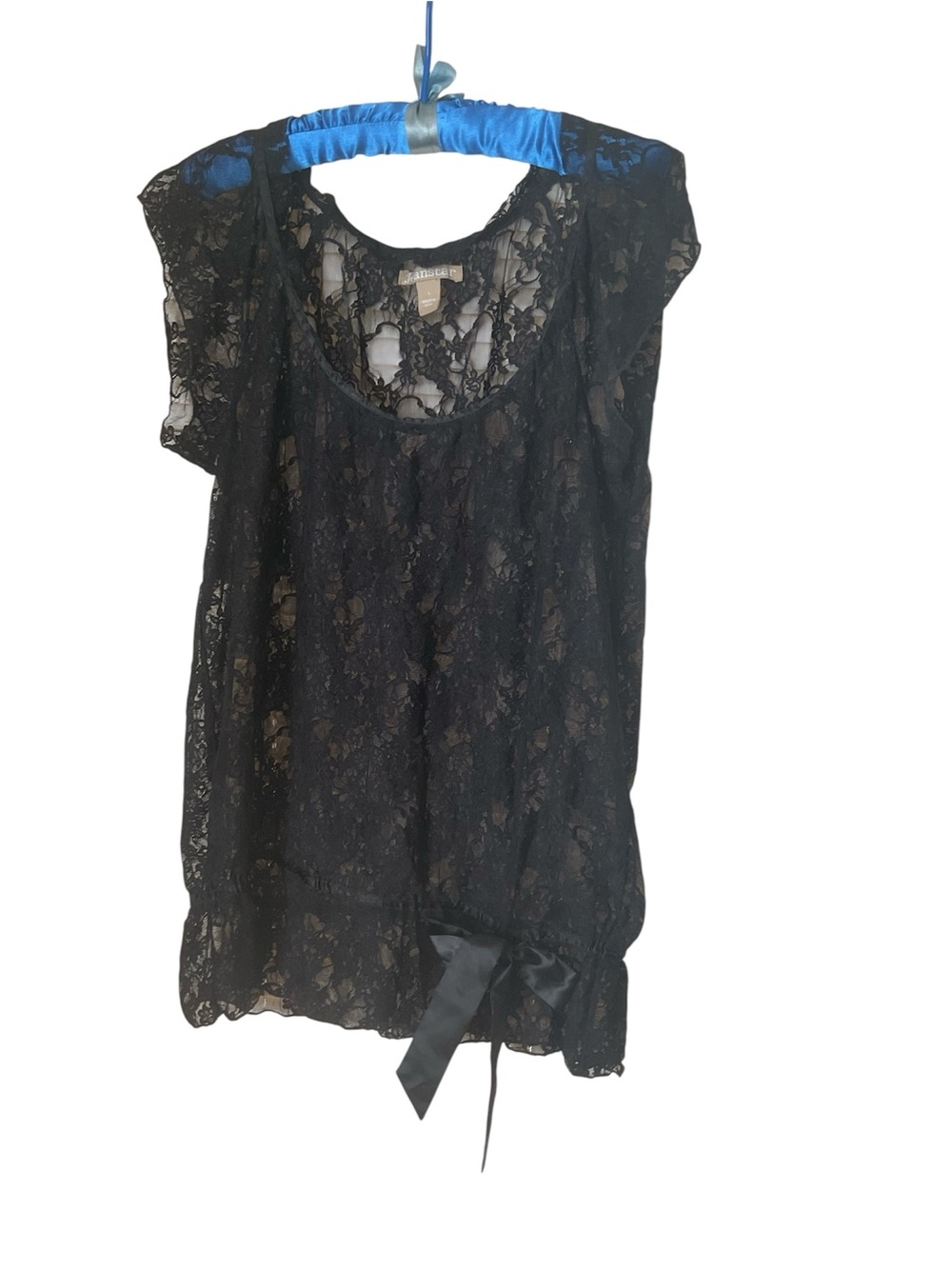 Black Lace Sheer Top Blouse with Satin Bow Sz L